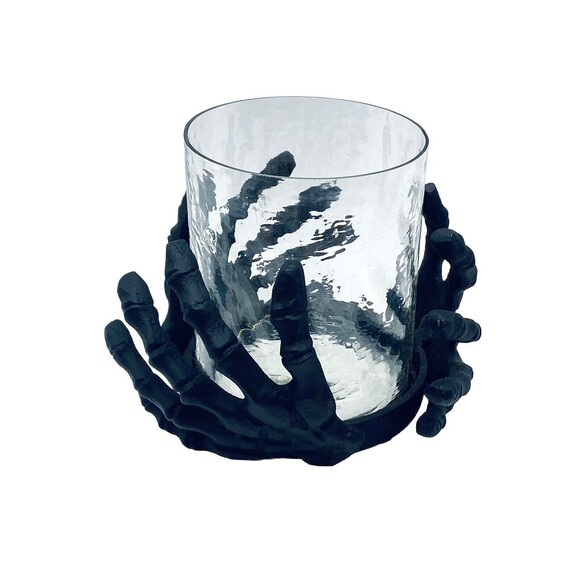 Black Metal Skeleton Hands Around Glass Candle Holder Gothic Halloween Spooky - Picture 1 of 7